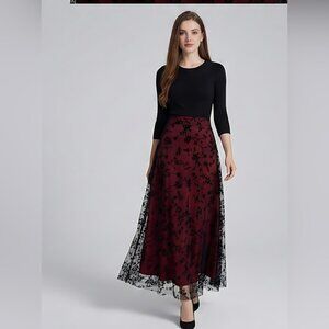 Floral Flocking Tulle Long A-Line Skirt Red